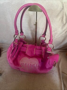 Juicy Couture Bright Pink Shoulder Bag with Rhinestone Heart Logo and Mini Pouch